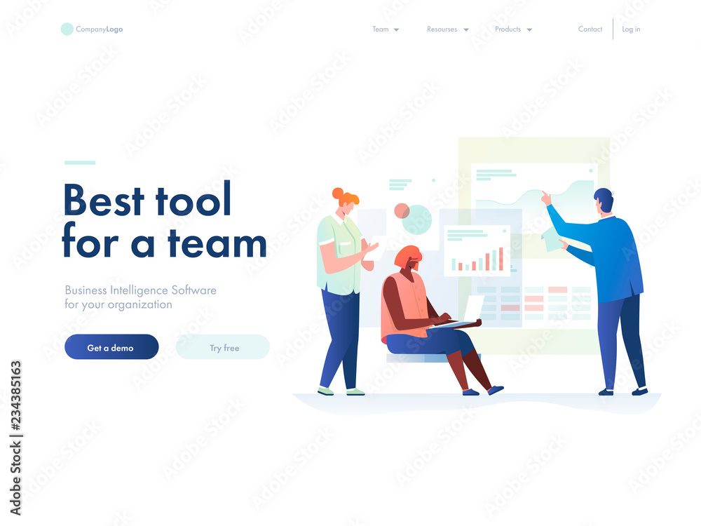 People work in a team and interact with graphs. Business, workflow management and office situations. Landing page template. 3d vector isometric illustration.