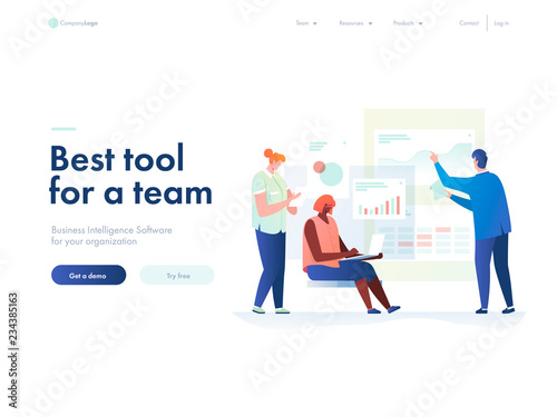 People work in a team and interact with graphs. Business, workflow management and office situations. Landing page template. 3d vector isometric illustration. © Formfrom.design