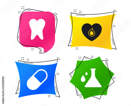 Maternity icons. Pill, tooth, chemistry and heart signs. Blood donation symbol. Lab bulb with drops. Dental care. Geometric colorful tags. Banners with flat icons. Trendy design. Vector