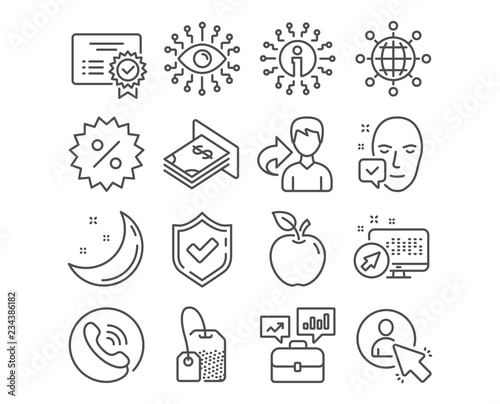 Fototapeta Naklejka Na Ścianę i Meble -  Set of Atm money, International globe and Face accepted icons. Tea bag, Artificial intelligence and Business portfolio signs. Discount, Certificate and User symbols. Vector