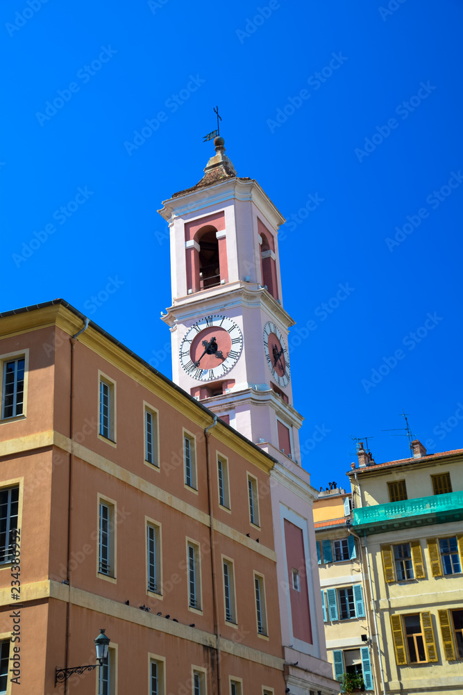 The bell tower of the Nice Cathedral in Nice on the Cote D'Azur, France