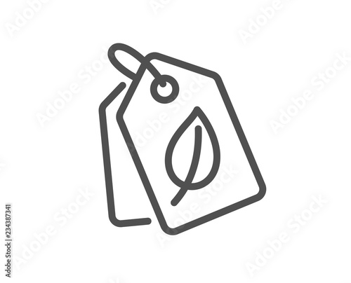 Bio shopping tags line icon. Leaf sign. Natural products symbol. Quality design flat app element. Editable stroke Bio tags icon. Vector