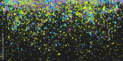 Confetti on isolated background. Texture with many glitters. Holiday elements on black. Pattern for flyers, banners and textiles. Greeting cards