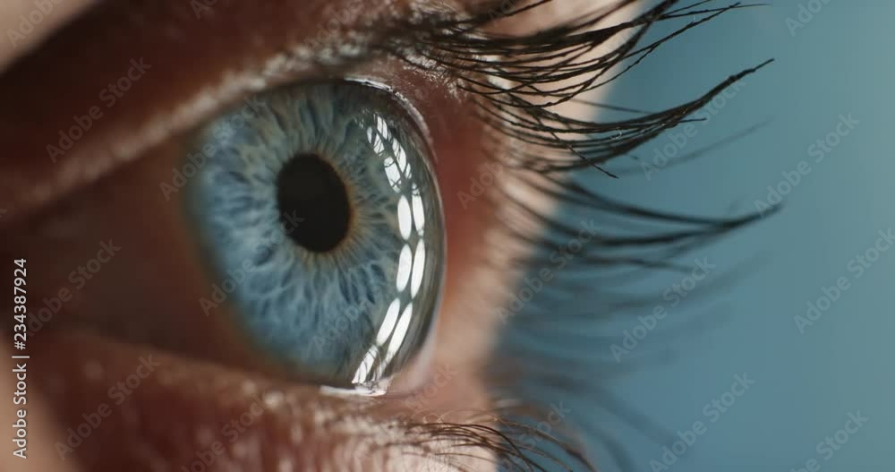 close up macro blue eye blinking looking curious light reflecting on iris