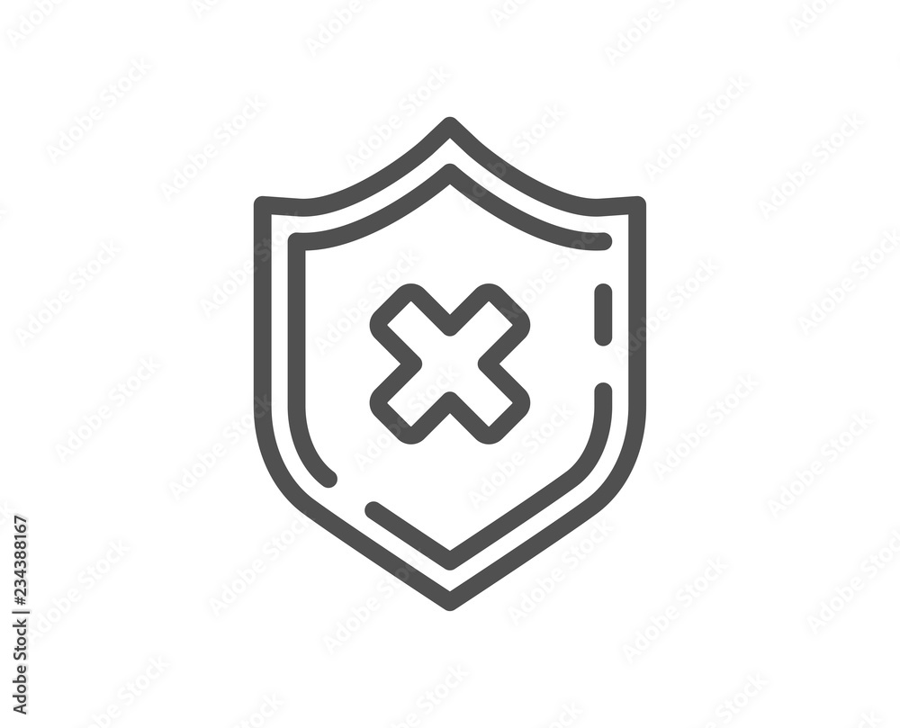 Reject protection line icon. Decline shield sign. No security. Quality design flat app element. Editable stroke Reject protection icon. Vector Reject protection line icon. Decline shield sign. No security. Quality design flat app element. Editable stroke Reject protection icon. Vector