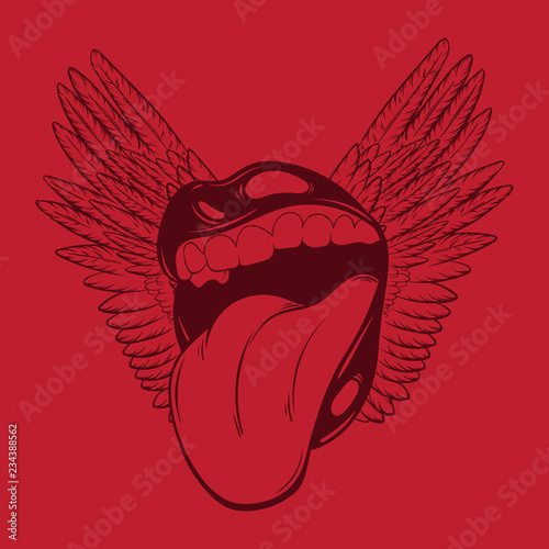 Vector hand drawn colorful  illustration of mouth with tongue and  wings. Template for card, poster, banner, print for t-shirt, pin, label, patch.