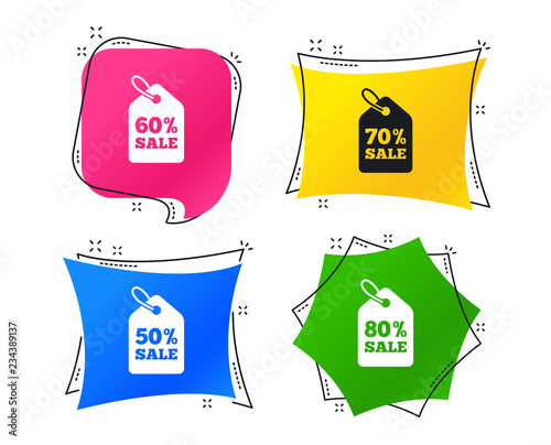 Sale price tag icons. Discount special offer symbols. 50%, 60%, 70% and 80% percent sale signs. Geometric colorful tags. Banners with flat icons. Trendy design. Vector