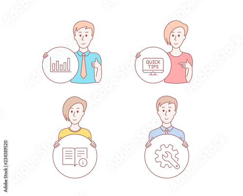 People hand drawn style. Set of Column chart, Technical info and Web tutorials icons. Customisation sign. Financial graph, Documentation, Quick tips. Settings.  Character hold circle button. Vector