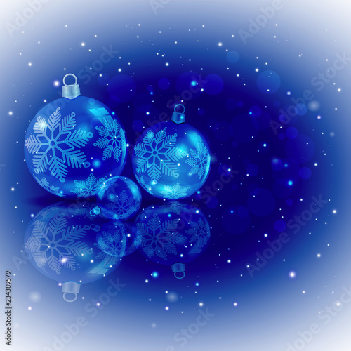 Christmas background light blue colors with a set of Christmas shiny balls with snowflakes.