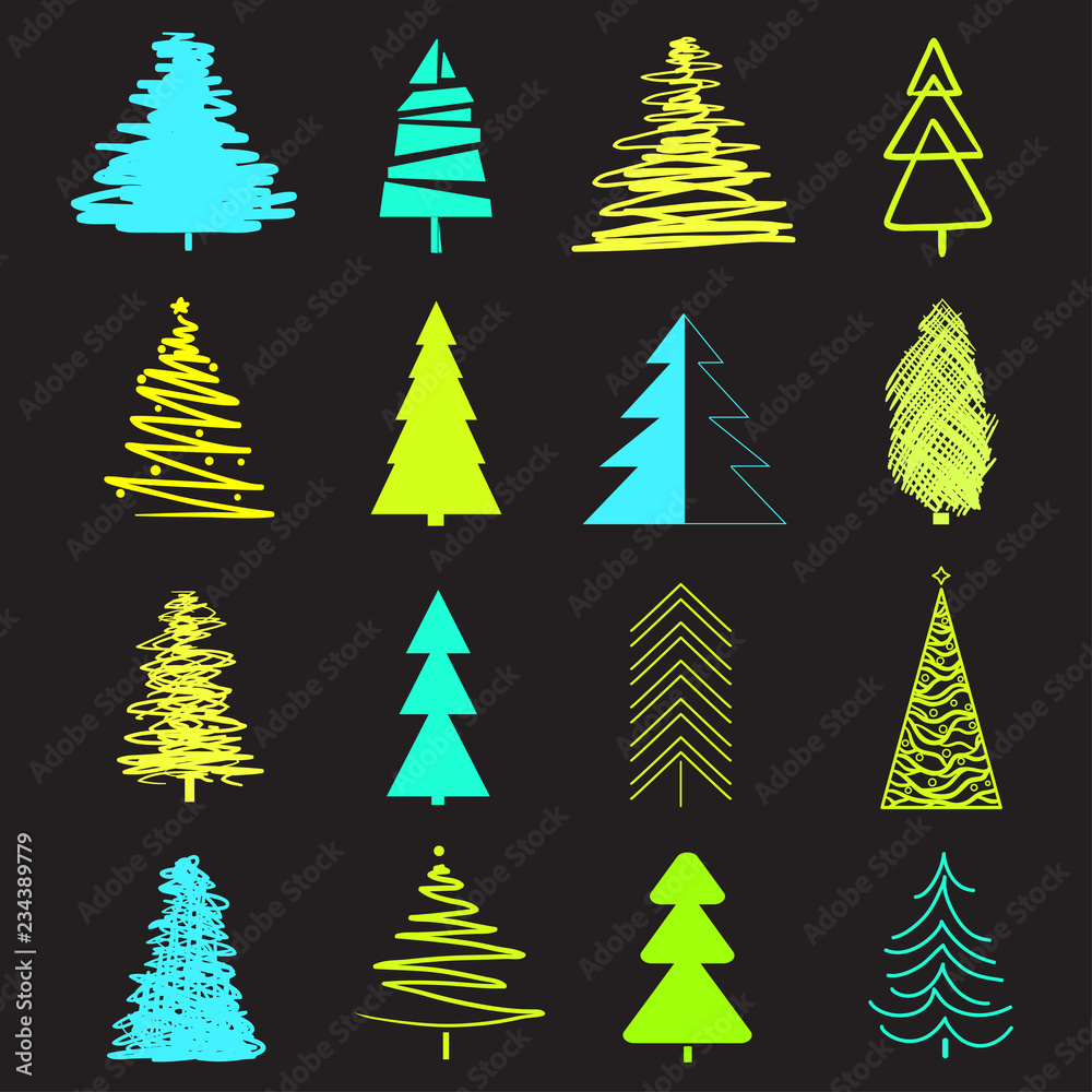 Obraz premium Abstract christmas trees on black. Set for trendy design on isolated background. Geometric art. Universal collection for banners, posters, t-shirts and textiles