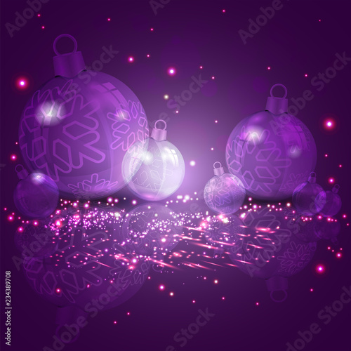 Christmas card purple with a set of Christmas shiny balls with snowflakes.