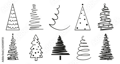 Christmas trees on white. Set for icons on isolated background. Geometric art. Objects for polygraphy, posters, t-shirts and textiles. Black and white illustration