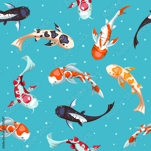 Fish seamless pattern. Gold koi pattern wallpaper design. Japanese fish illustration cover.