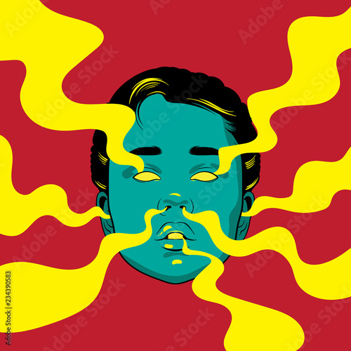 Vector hand drawn illustration of girl with smoke from ears, eyes, nose, mouth. Template for card, poster, banner, print for t-shirt.