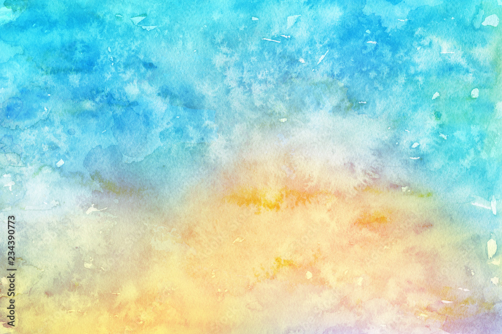Obraz premium Colorful winter blue ink and watercolor textures on white paper background. Paint leaks and ombre effects. Hand painted abstract image.