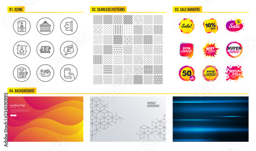 Seamless pattern. Shopping sale banners. Set of Copywriting notebook, Copyright chat and Rfp icons. Crane claw machine, Carousels and Sign out signs. Vector