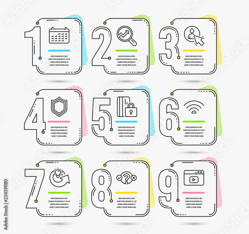 Infographic template with numbers 9 options. Set of Security, User and Quiz test icons. Wifi, Analytics and Calendar signs. Share idea, Blocked card and Video content symbols. Vector