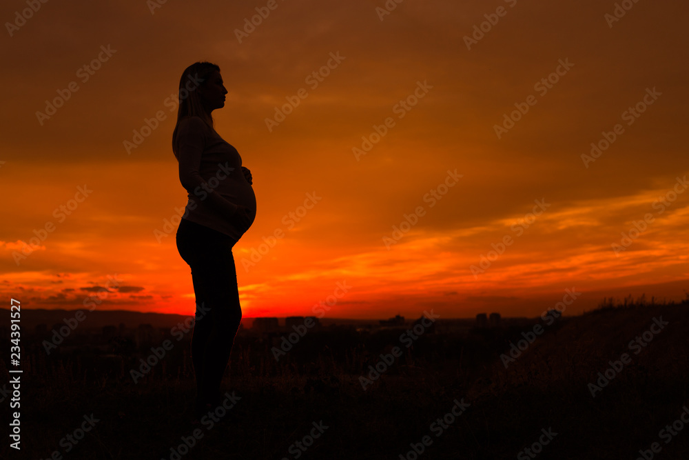 Fototapeta premium Silhouette of pregnant woman enjoys spending time outdoor.
