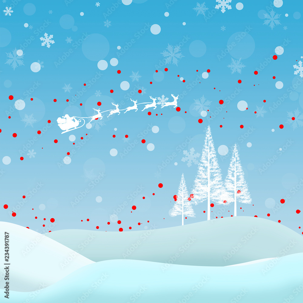 Christmas landscape with snow, Santa Claus, mountains and trees