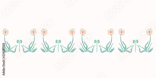 Vector Wildflower Border. Horizontal Dandelion Blooms, Cute Weed Flower on White Background. Hand Painted Blossom for Spring Stationery, Eco Friendly Floral Garden Packaging. Vintage Retro Ecru Green