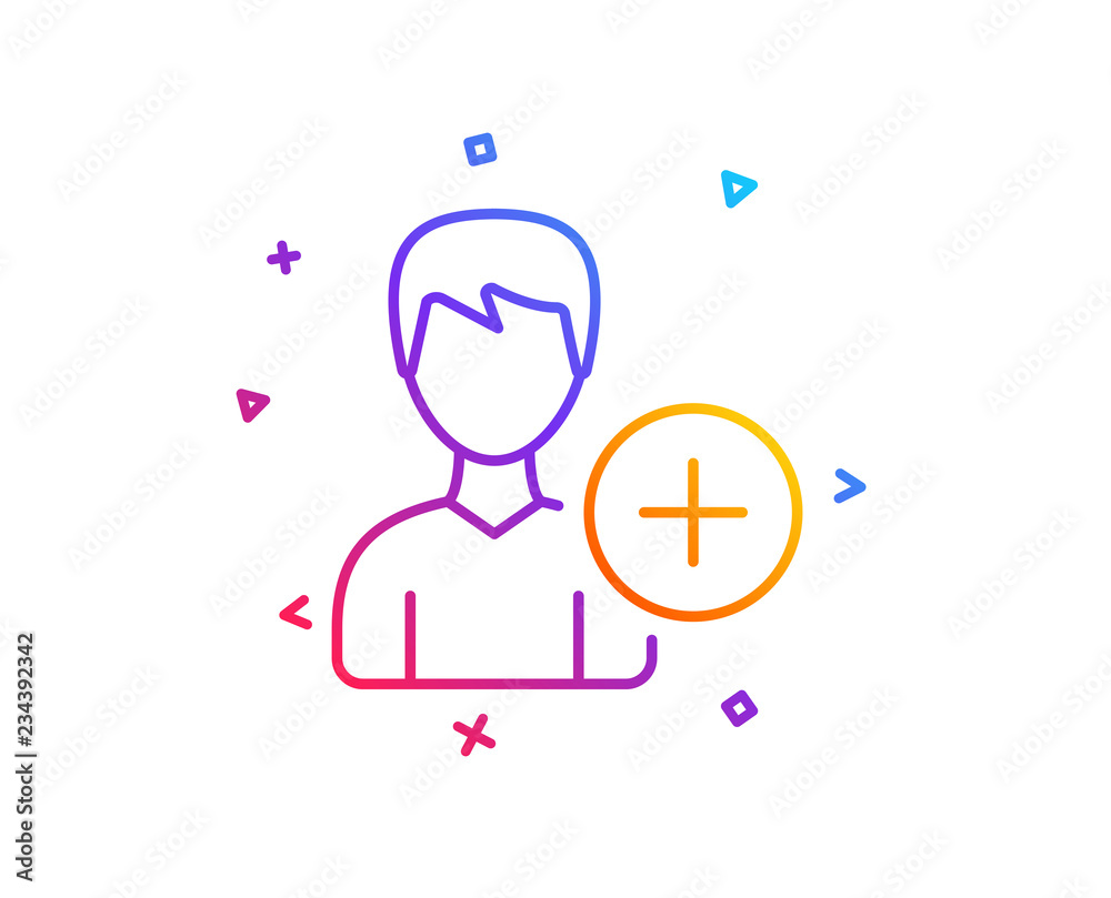 Add User line icon. Profile Avatar sign. Male Person silhouette symbol. Gradient line button. Add Person icon design. Colorful geometric shapes. Vector Add User line icon. Profile Avatar sign. Male Person silhouette symbol. Gradient line button. Add Person icon design. Colorful geometric shapes. Vector