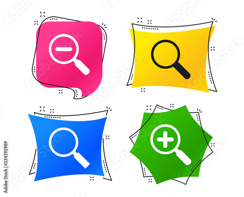 Magnifier glass icons. Plus and minus zoom tool symbols. Search information signs. Geometric colorful tags. Banners with flat icons. Trendy design. Vector