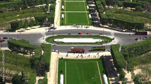 Aerial view of traffic and tourist busses at Place Jacques Rueff, view from Eiffel Tower in Paris, France photo