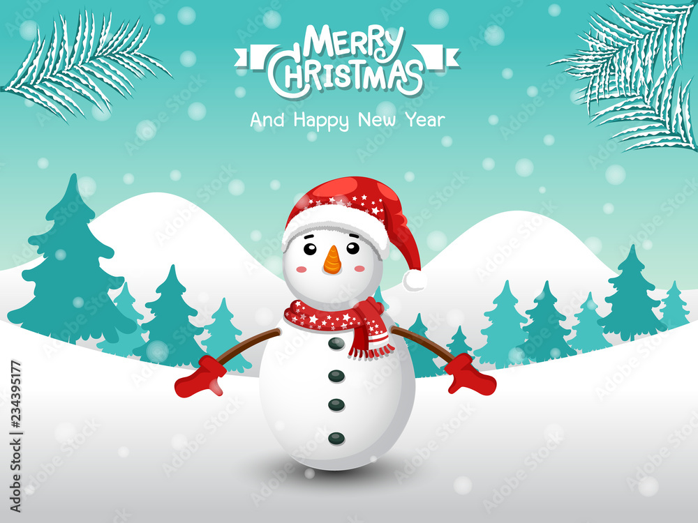 Merry Christmas. Funny Snowman in Christmas snow scene winter landscape. decorative element on holiday. Vector illustration.