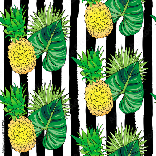 Vector hand drawn abstract seamless pattern of exotic fruit pineapple and leaves on black strips. Ananas illustration. Bright pine desert abstract drawing. Tropical vegeterian food design element.