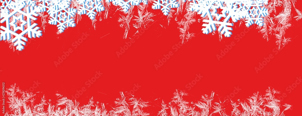 Red background with snowflakes and ice crystals, Merry Christmas banner, header, border, wide panorama background