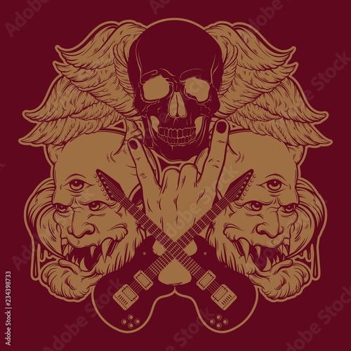 Vector hand drawn illustration of guitars , faces, wings and human skull . Tattoo artwork.  Template for card, poster, banner, print for t-shirt, label.