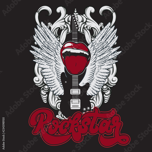 Rockstar. Handwritten lettering. Vector hand drawn illustration of guitar , mouth, wings and frame . Tattoo artwork.  Template for card, poster, banner, print for t-shirt, label.