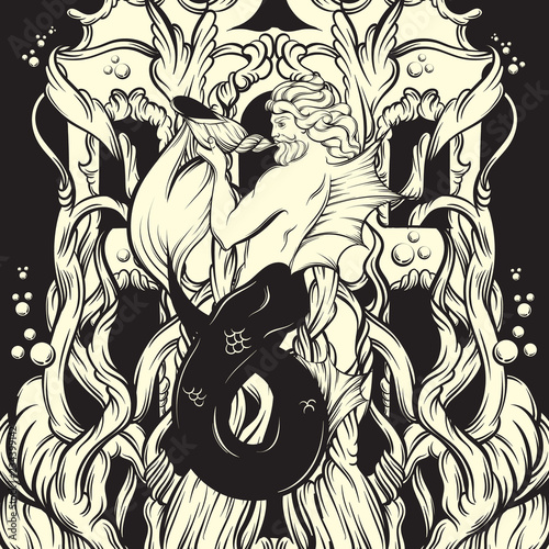 Vector hand drawn illustration of triton and detailed building.