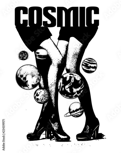 Vector hand drawn illustration of girl in swimsuit made in pointillism style. Template for card, poster, banner, badge and pin.