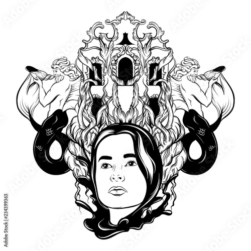 Vector hand drawn illustration of gril, triton and detailed building. Surreal tattoo artwork. Template for card, poster. banner, print for t-shirt, pin, badge, patch.
