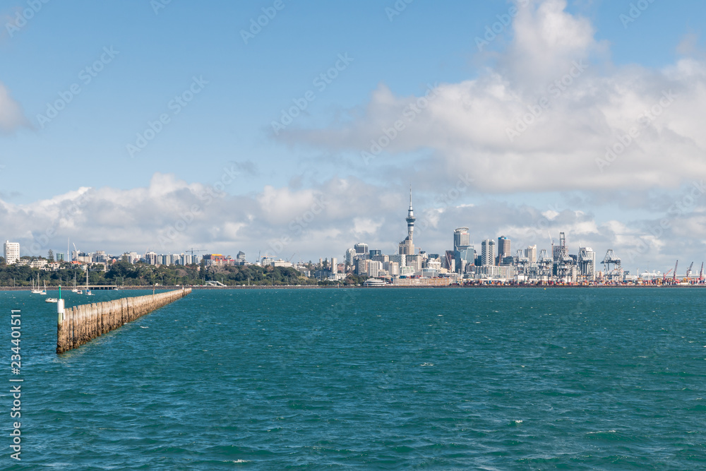 Auckland CBD skyline with copy space from Judges Bay, New Zealand