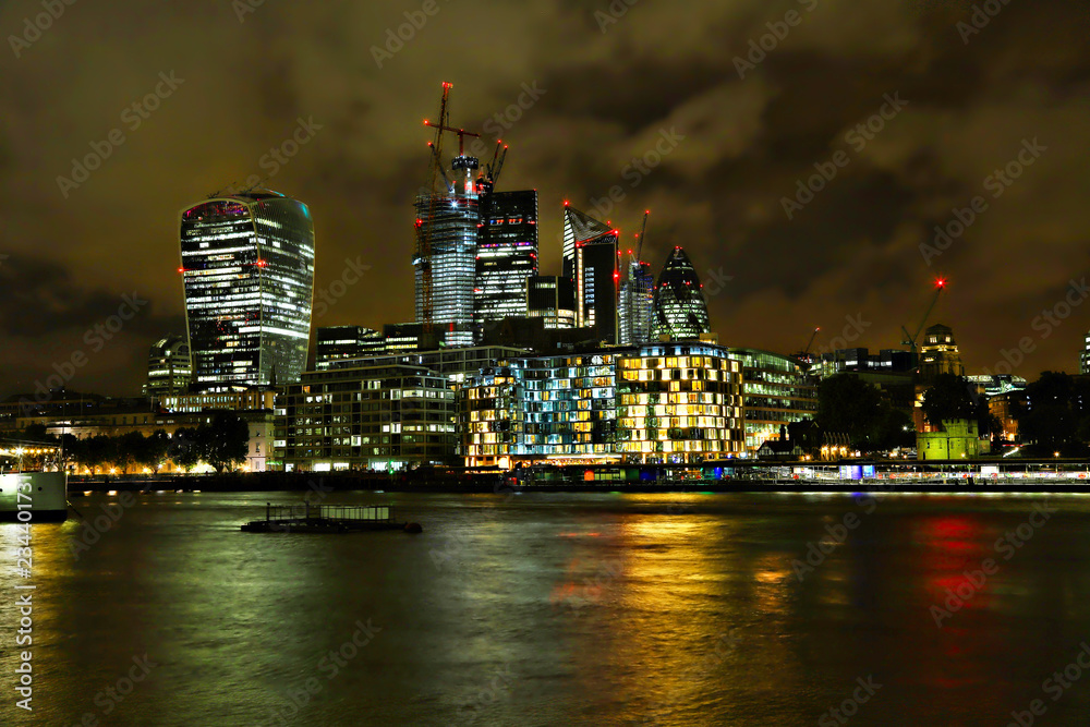London, England - September 2018 - Night view of London's skyline showing the Gherkin and Walkie-Talkie building