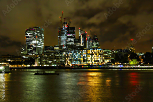 London, England - September 2018 - Night view of London's skyline showing the Gherkin and Walkie-Talkie building