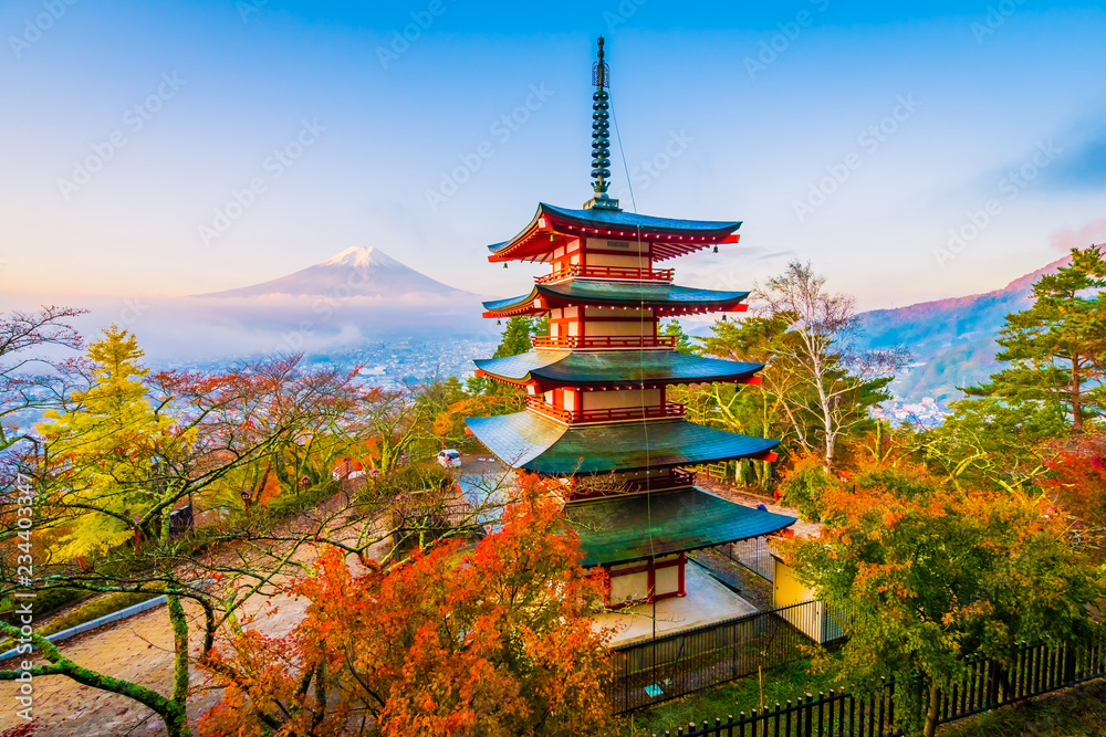 Beautiful landscape of mountain fuji with chureito pagoda around maple leaf tree in autumn season