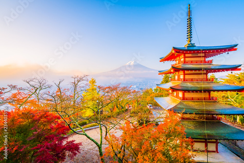 Beautiful landscape of mountain fuji with chureito pagoda around maple leaf tree in autumn season
