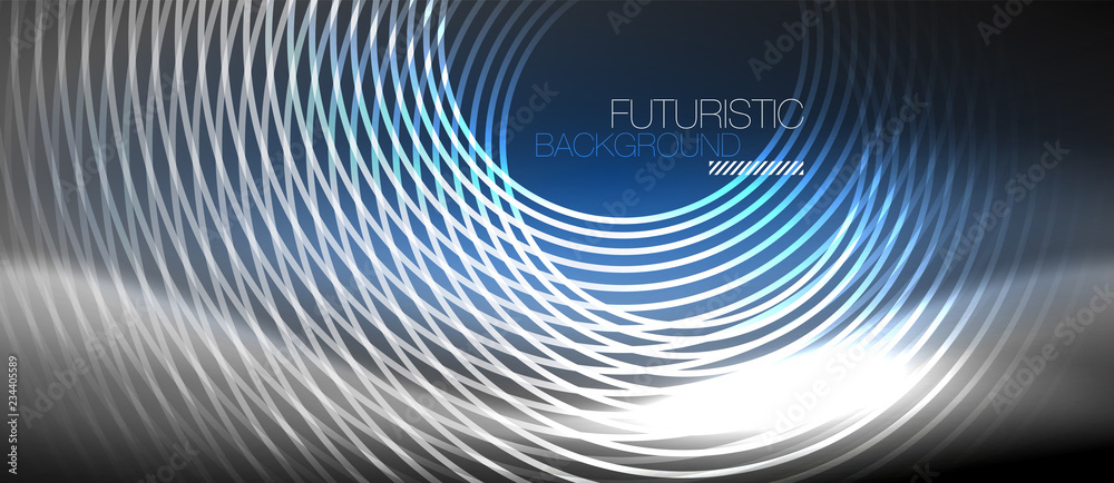 Neon circles abstract background, shiny lines