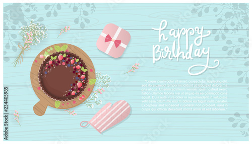 Flat design chocolate and berries birthday cake with gift box, cooking gloves and flowers on a blue wooden table. Vector illustration. 