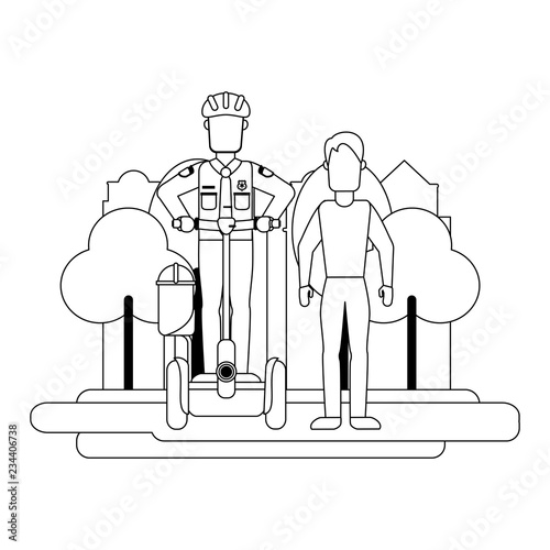 Man and police with hoverboard black and white