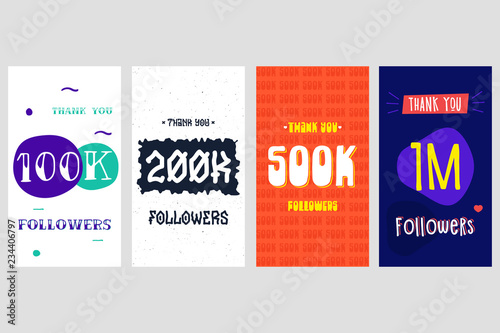 100k, 200k, 500k, 1m followers Social Media for story. Vector design