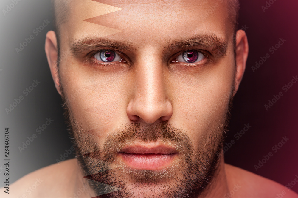 Obraz premium Portrait of a young serious man, in whose eyes the reflected national flag of Qatar, against an isolated black background and flag