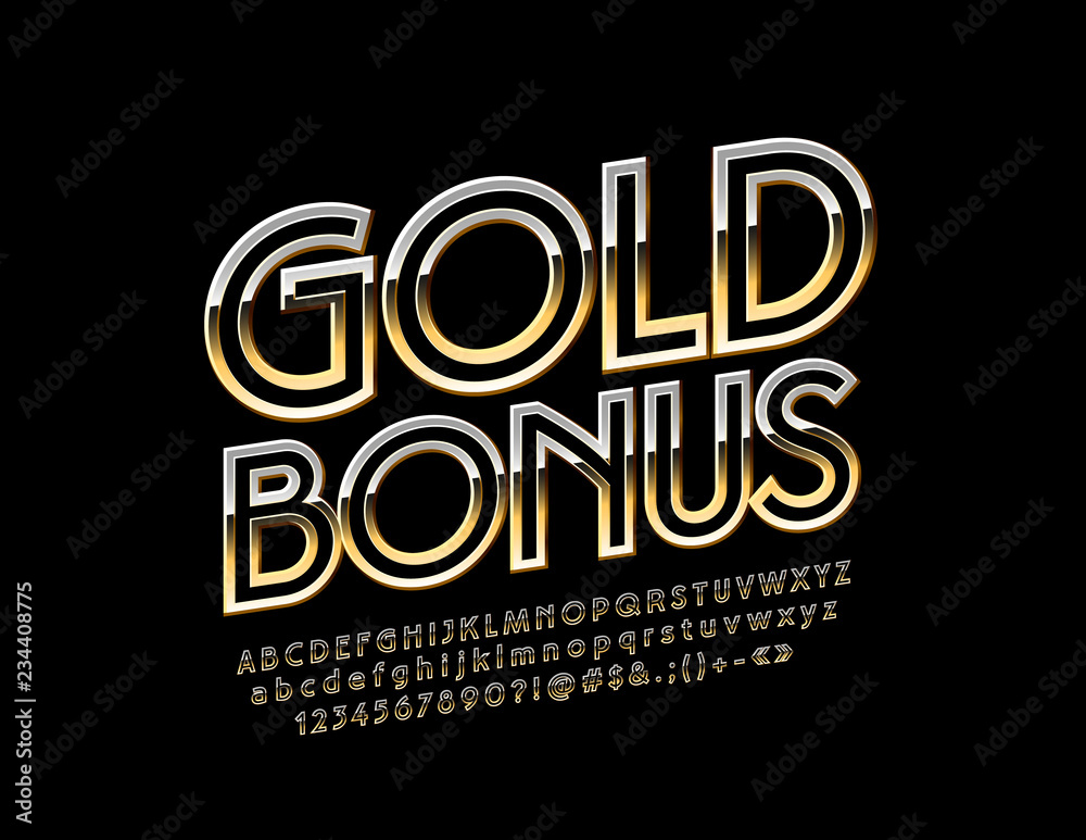 Vector Logo Gold Bonus. Royal Alphabet Letters, Numbers and Symbols. Black and golden elegant Font.