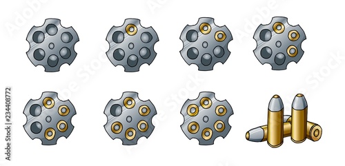 Illustration with cylinder of a revolver pistol. Western, classical handgun ammo