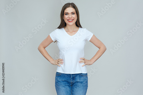 smiling woman in white t shirt with copy space