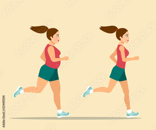 Pretty girl before and after run. Vector flat style illustration