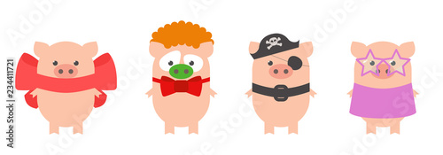 Pig set is a holiday. Pig in carnival costumes. Pig in a suit of a pirate, clown, disco, with a bow. Cartoon, vector